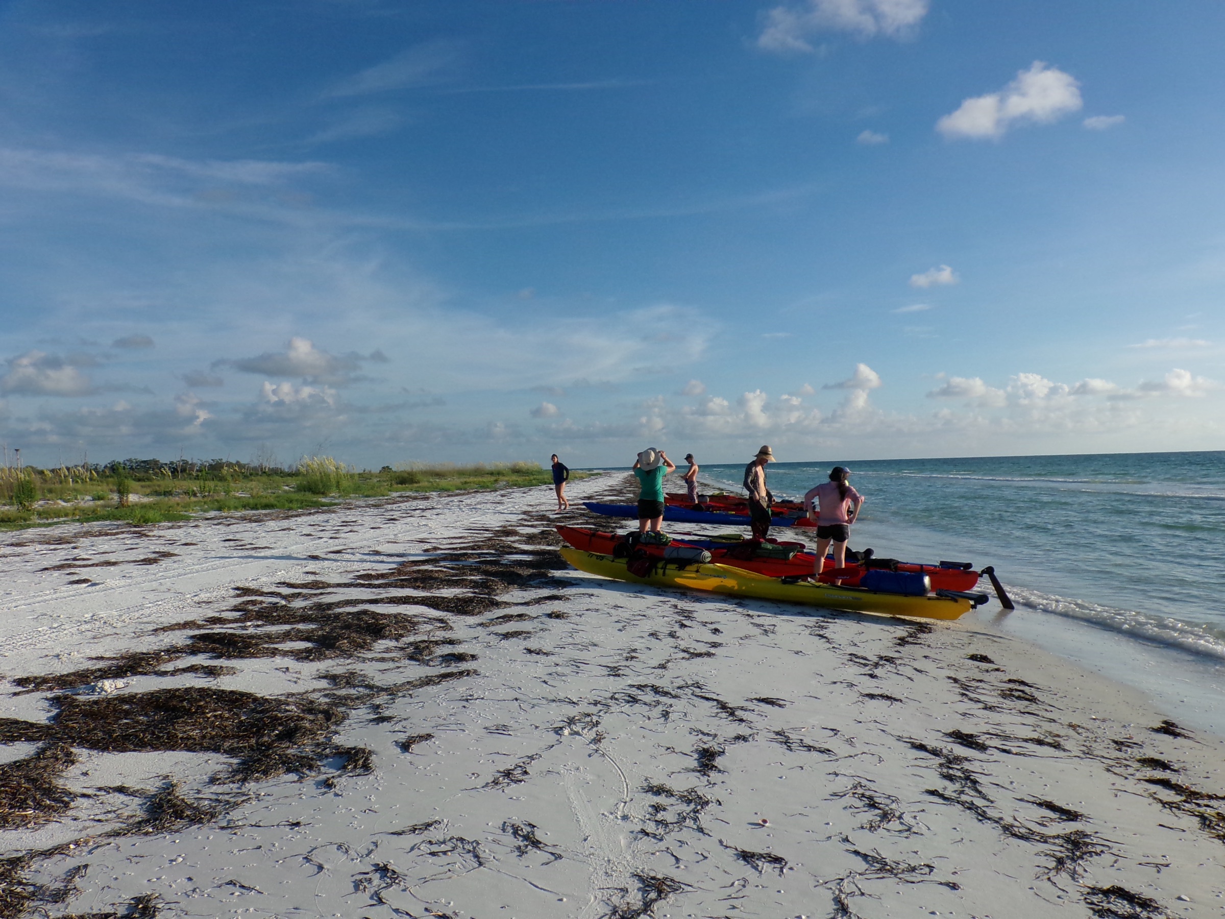 Sea kayakers pulling onto the beach at the northwest tip of Anclote Key, a Gulf barrier island off Tarpon Springs, Florida
