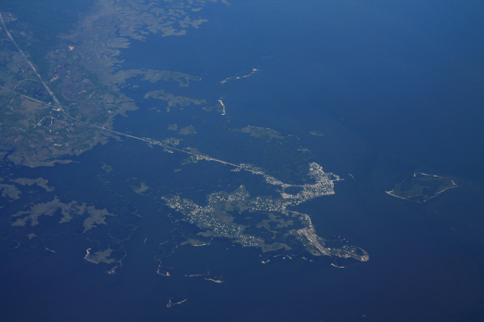 Aerial view of Cedar Key fishing village and the surrounding Gulf island chain