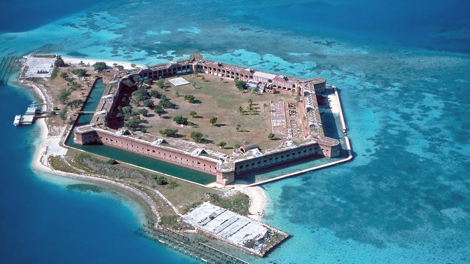 Aerial-style view of Fort Jefferson on Garden Key surrounded by turquoise Gulf water