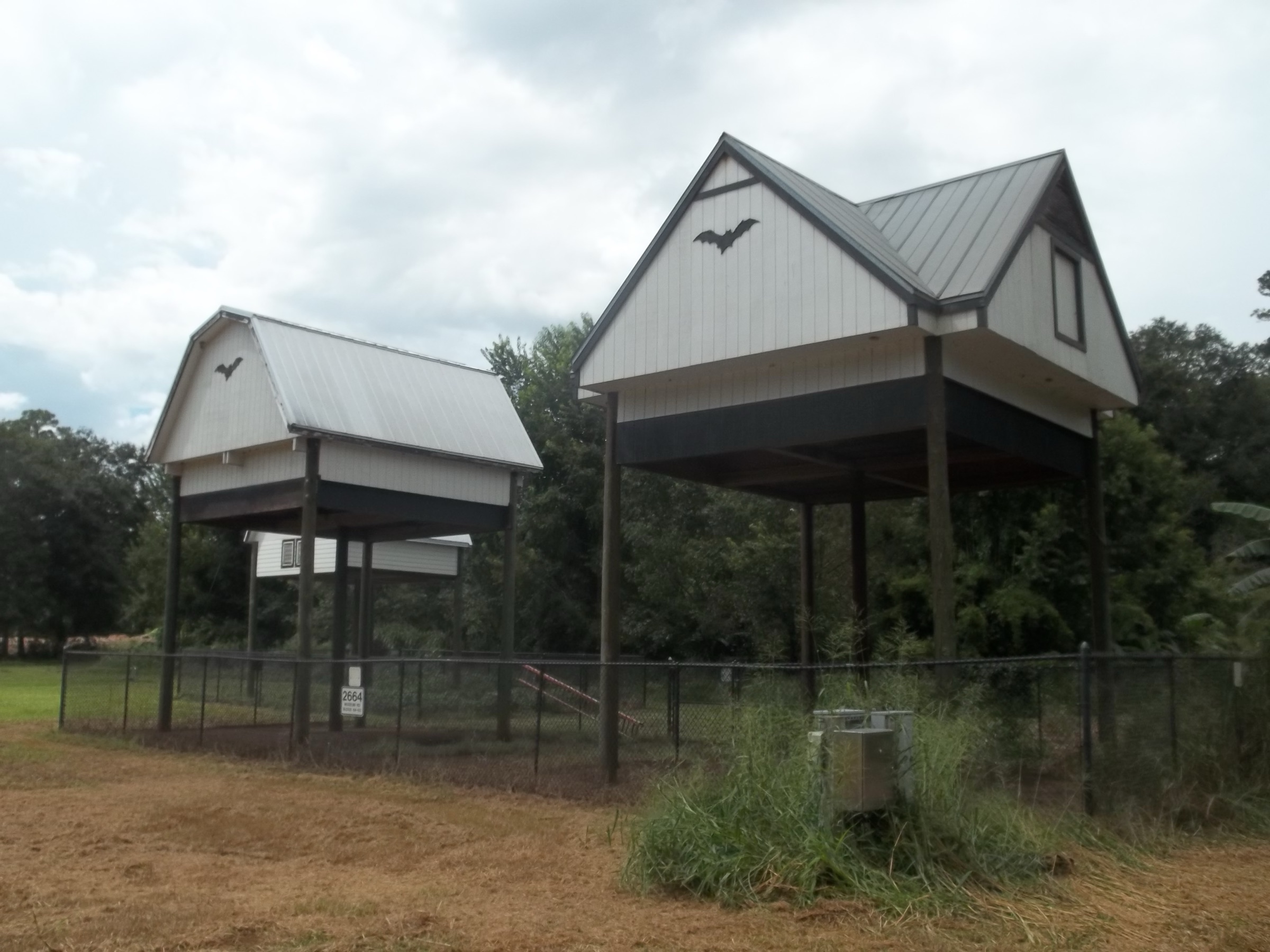 The tall gabled University of Florida bat houses in Gainesville