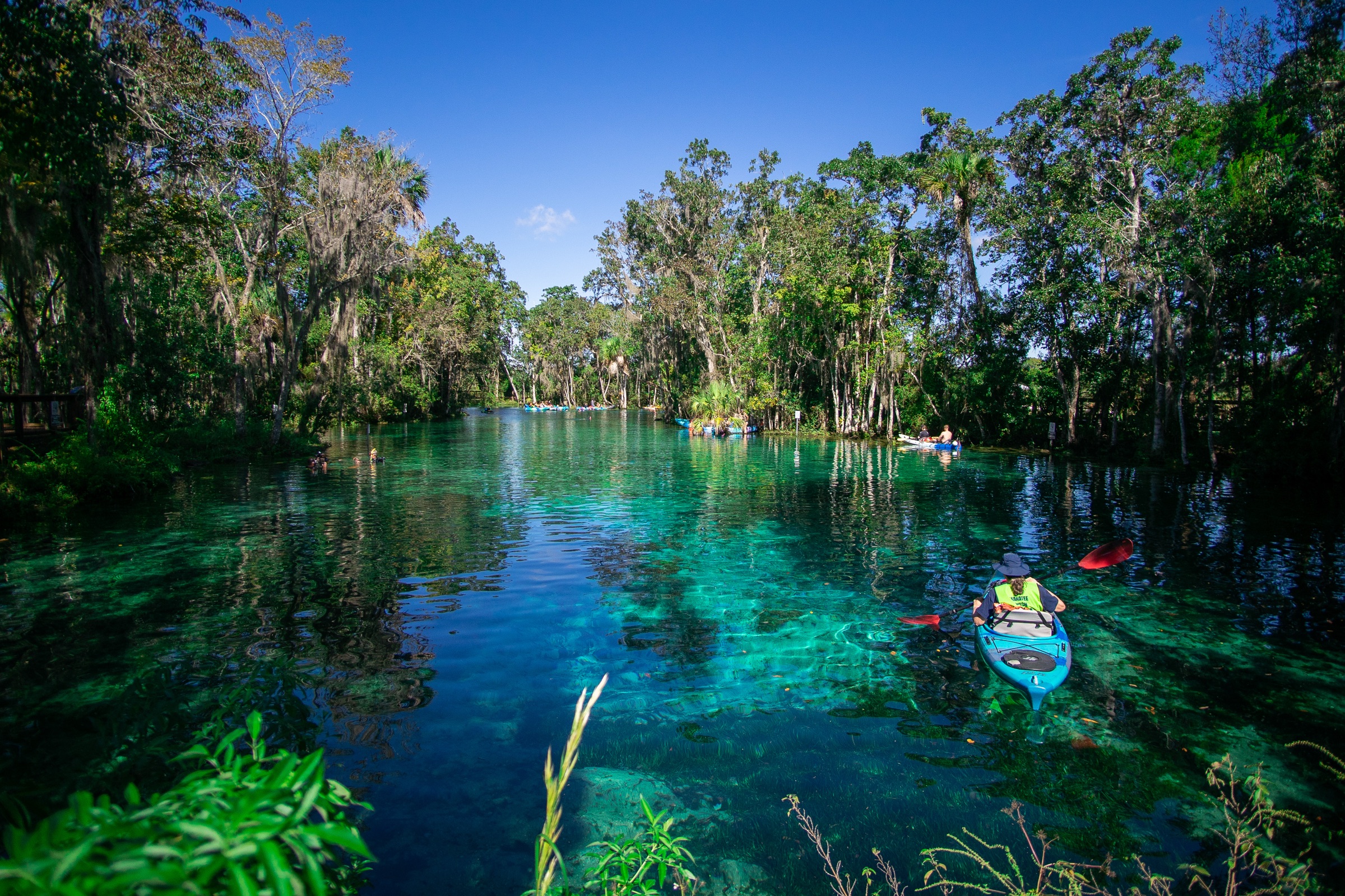 Clear turquoise karst spring water over limestone at Three Sisters Springs