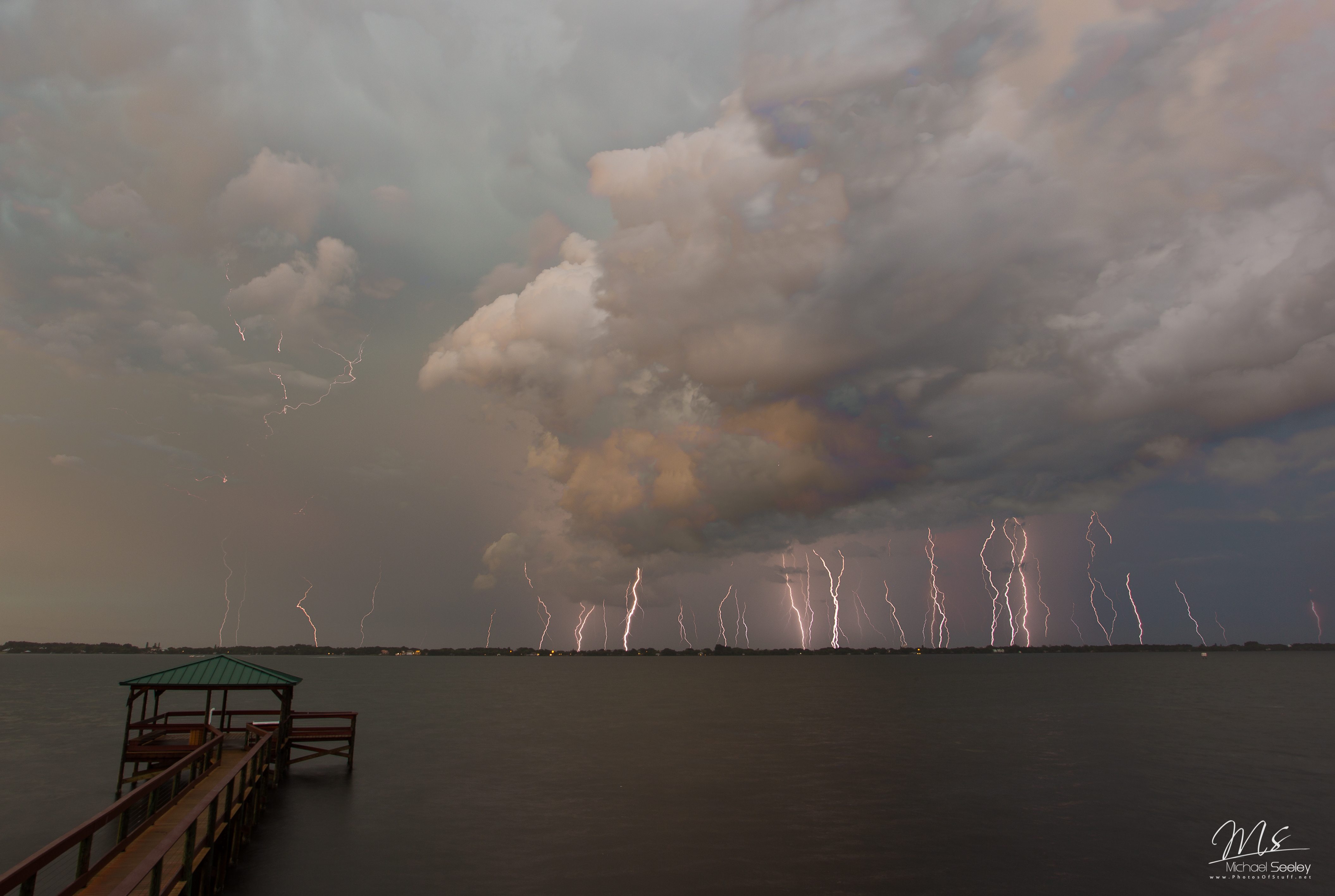 Multiple cloud-to-ground lightning strikes over the Indian River near Satellite Beach, Florida