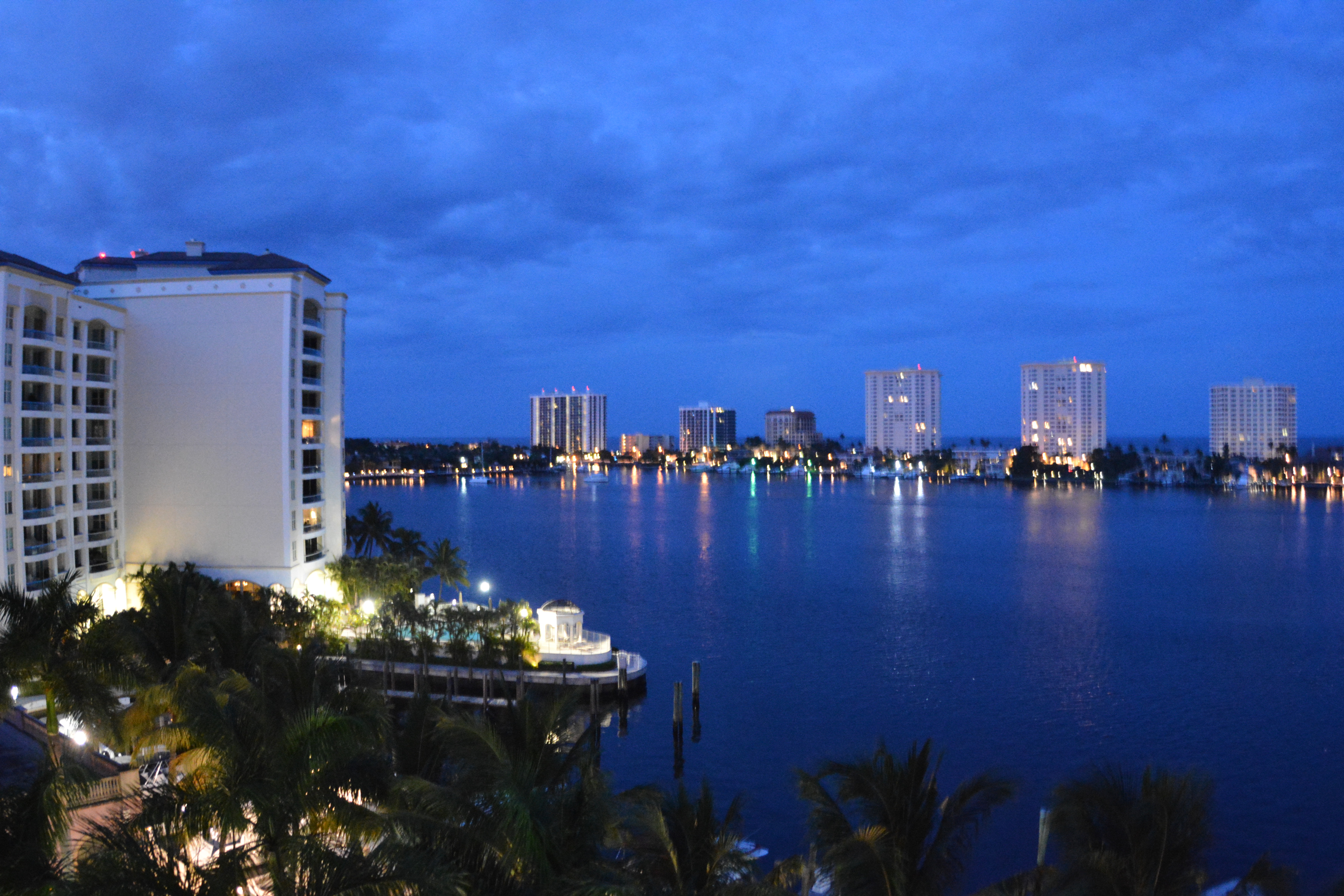 Florida beach scene at sunset with palm trees over calm Atlantic water