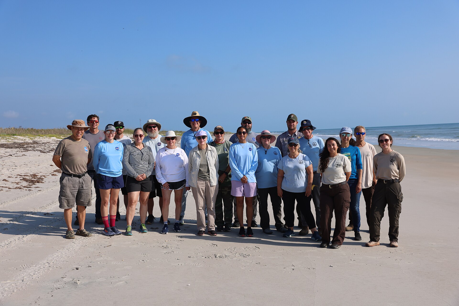 Volunteers walking a Florida beach beside marked sea turtle nests at sunrise
