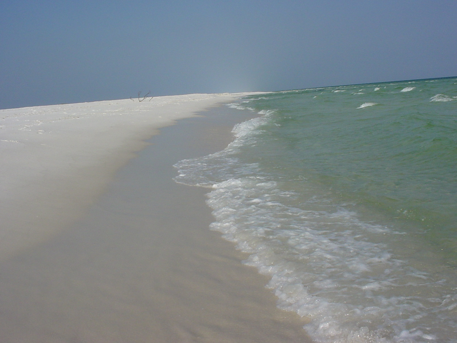 Pristine white sand beach on Santa Rosa Island with emerald green Gulf of Mexico surf and undeveloped shoreline stretching to the horizon, Gulf Islands National Seashore, Florida