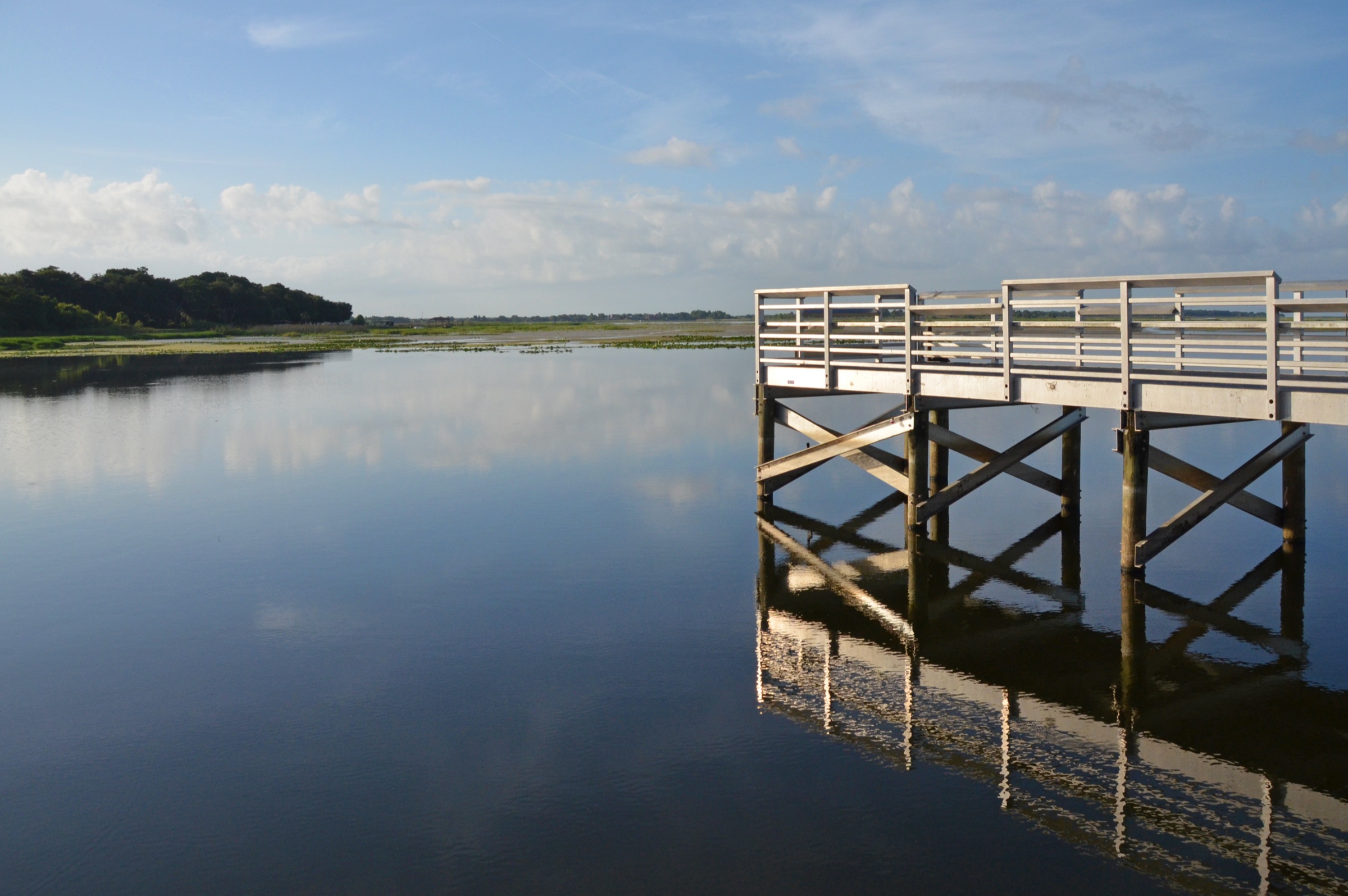 Vista panorámica del Lake Tohopekaliga cerca de Kissimmee, Florida, con un puente sobre el agua tranquila bajo un cielo azul