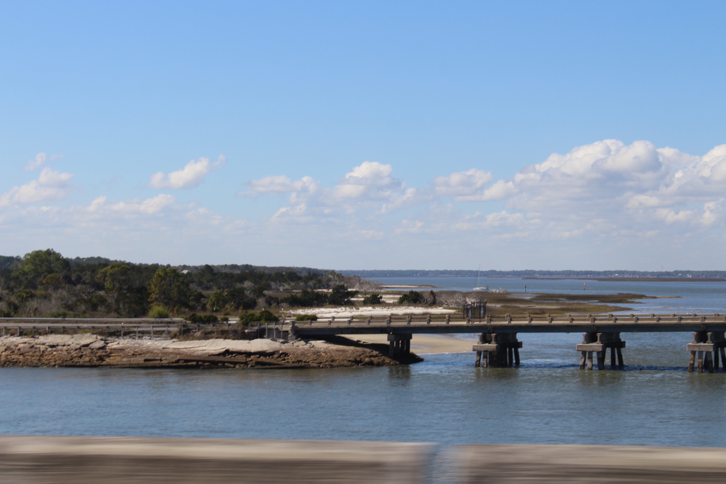 View across Nassau Sound from the A1A bridge, showing the George Grady Bridge and wide tidal estuary between Amelia Island and the mainland