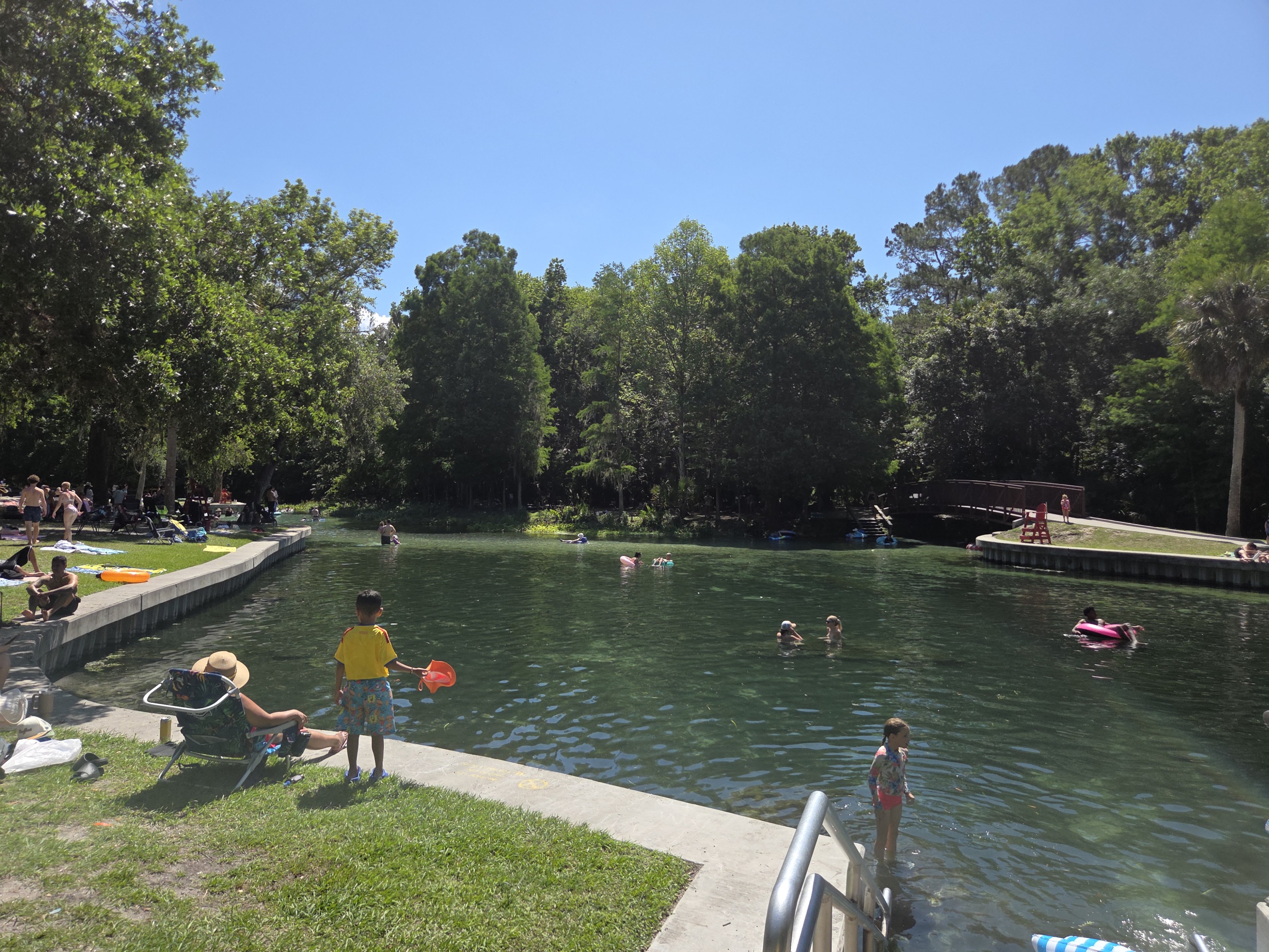 Cuenca principal de Kelly Park con agua cristalina verde y personas nadando y flotando en tubos, rodeada de bosque de Florida