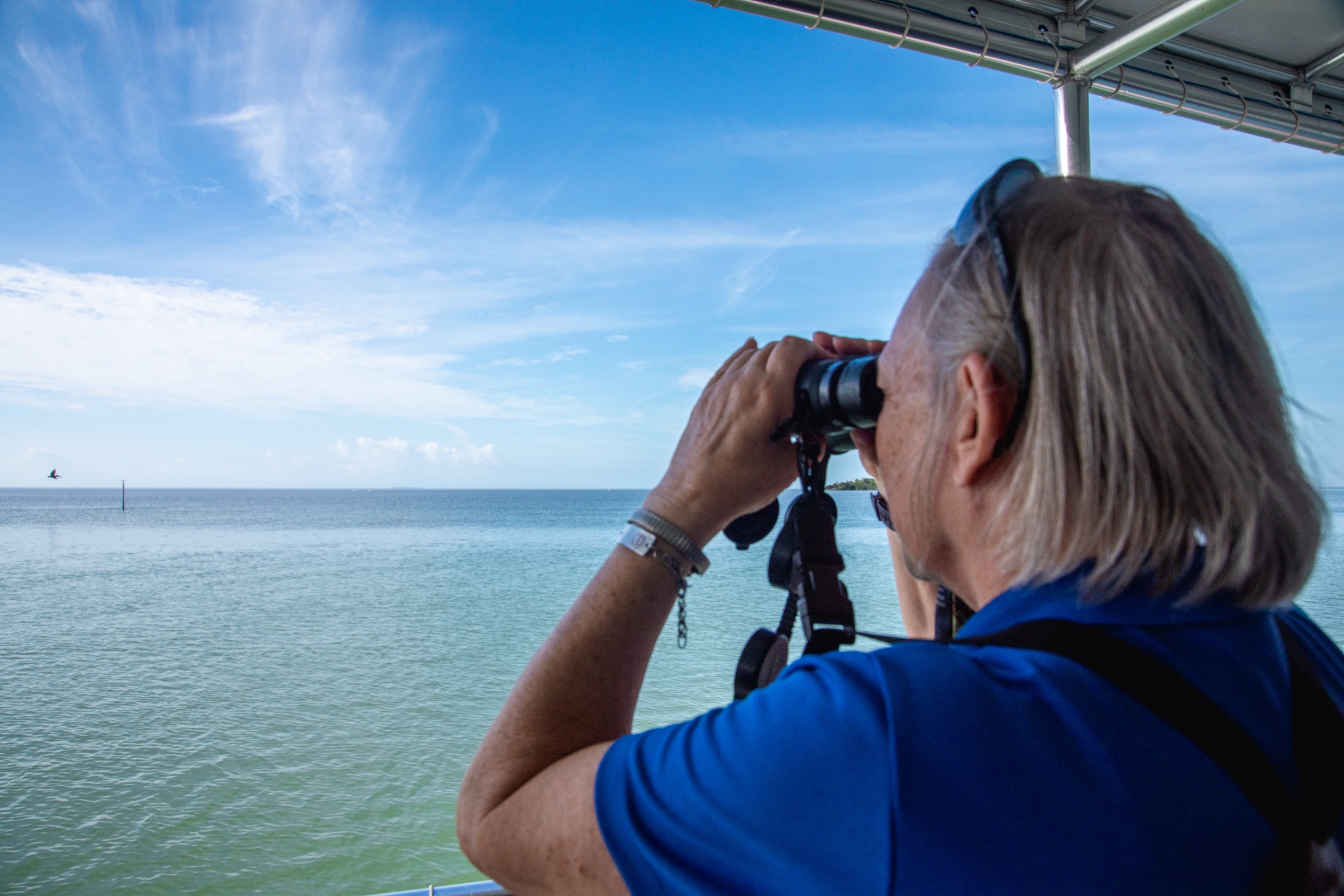 A birdwatcher peers through binoculars from a boat on Florida Bay in Everglades National Park